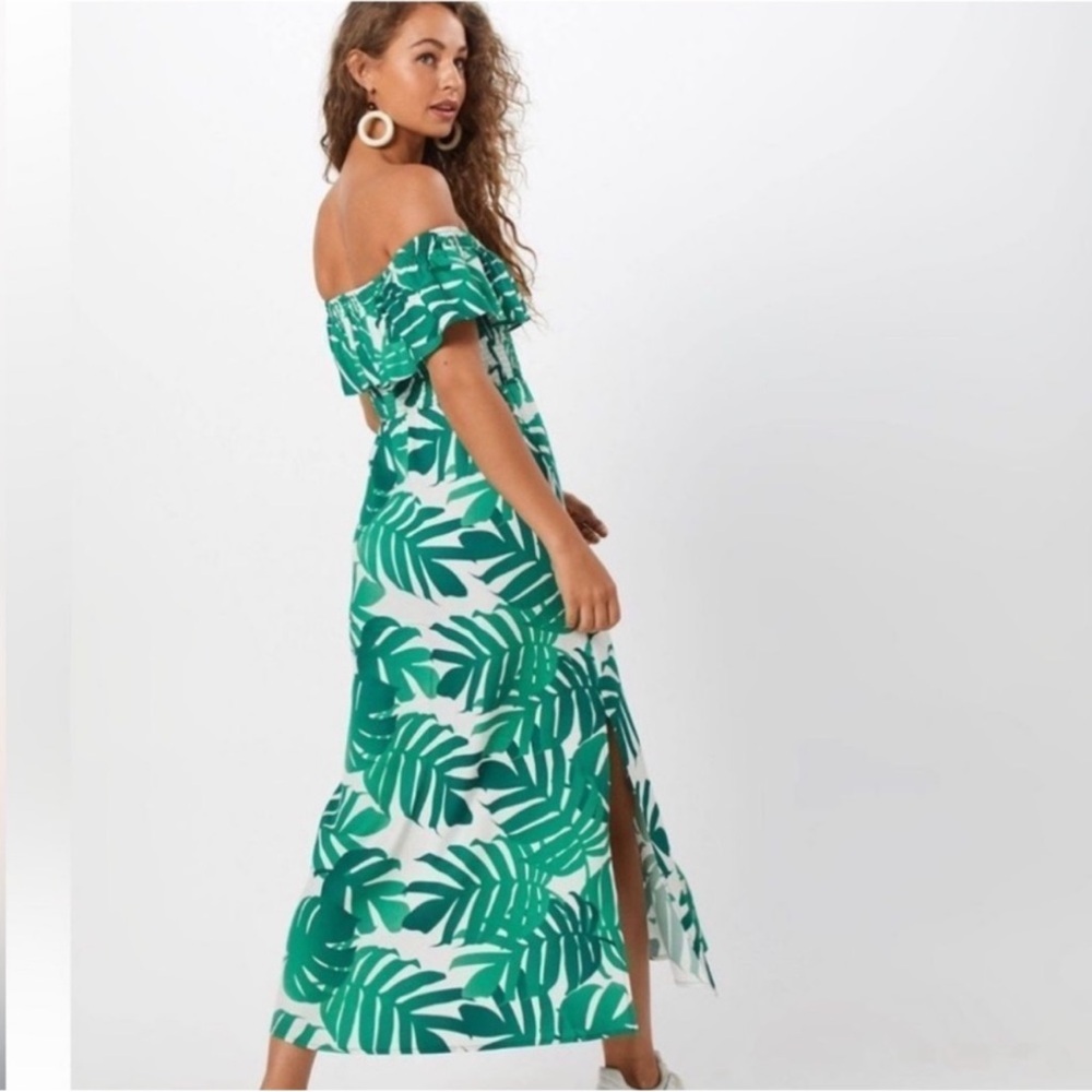 Bardot Green Palm Leaf Optional Off Shoulder Side Slits Maxi Dress Size 8